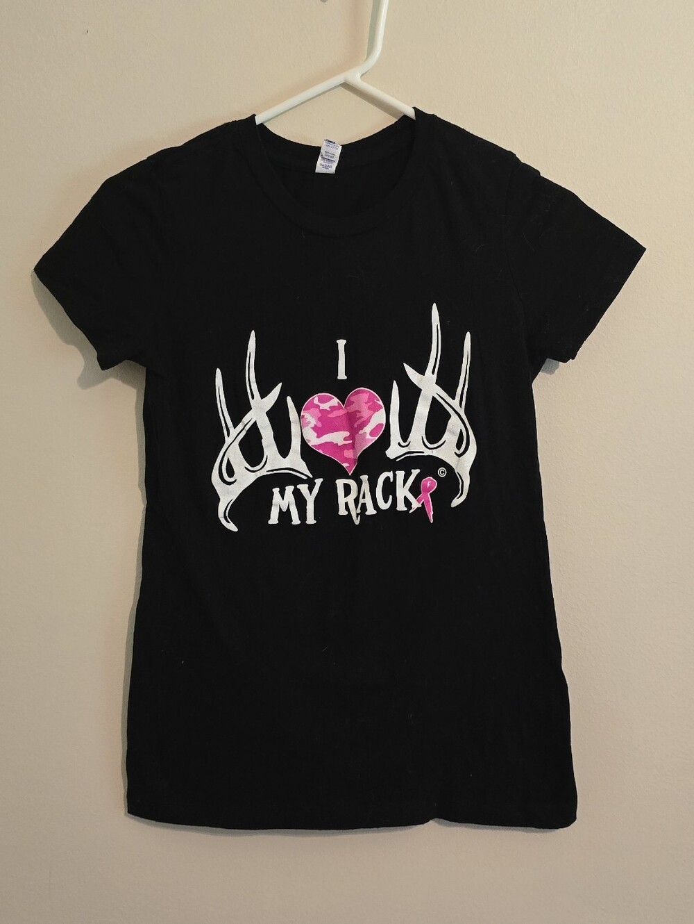I Love My Rack Black Ladies Tee with Pink Camo Heart Graphic